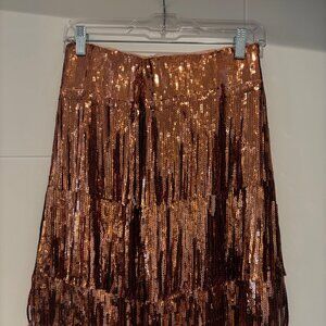 Anthropologie Maeve Copper Sequin Fringe Mini Skirt Size 4